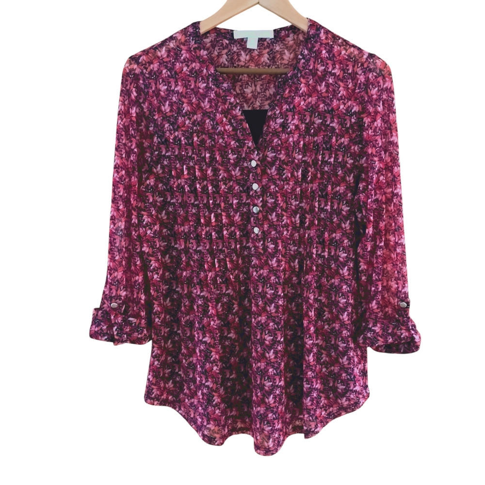 Juniper And Lime Floral 3/4 Button-Up Blouse. Sheer Yoke And Sleeves Sz M